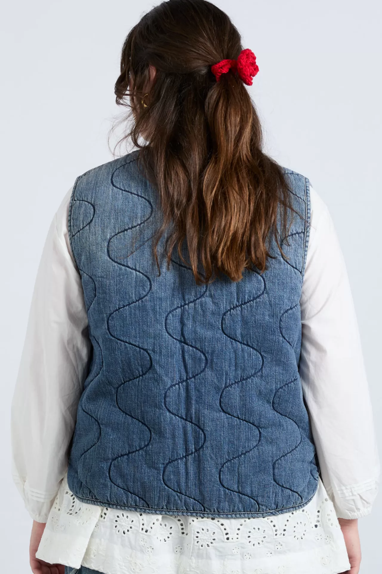 Hot Damson Madder denim tilly gilet- vintage wash blue