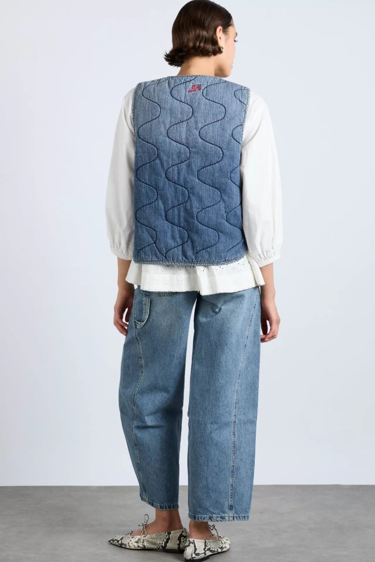 Hot Damson Madder denim tilly gilet- vintage wash blue