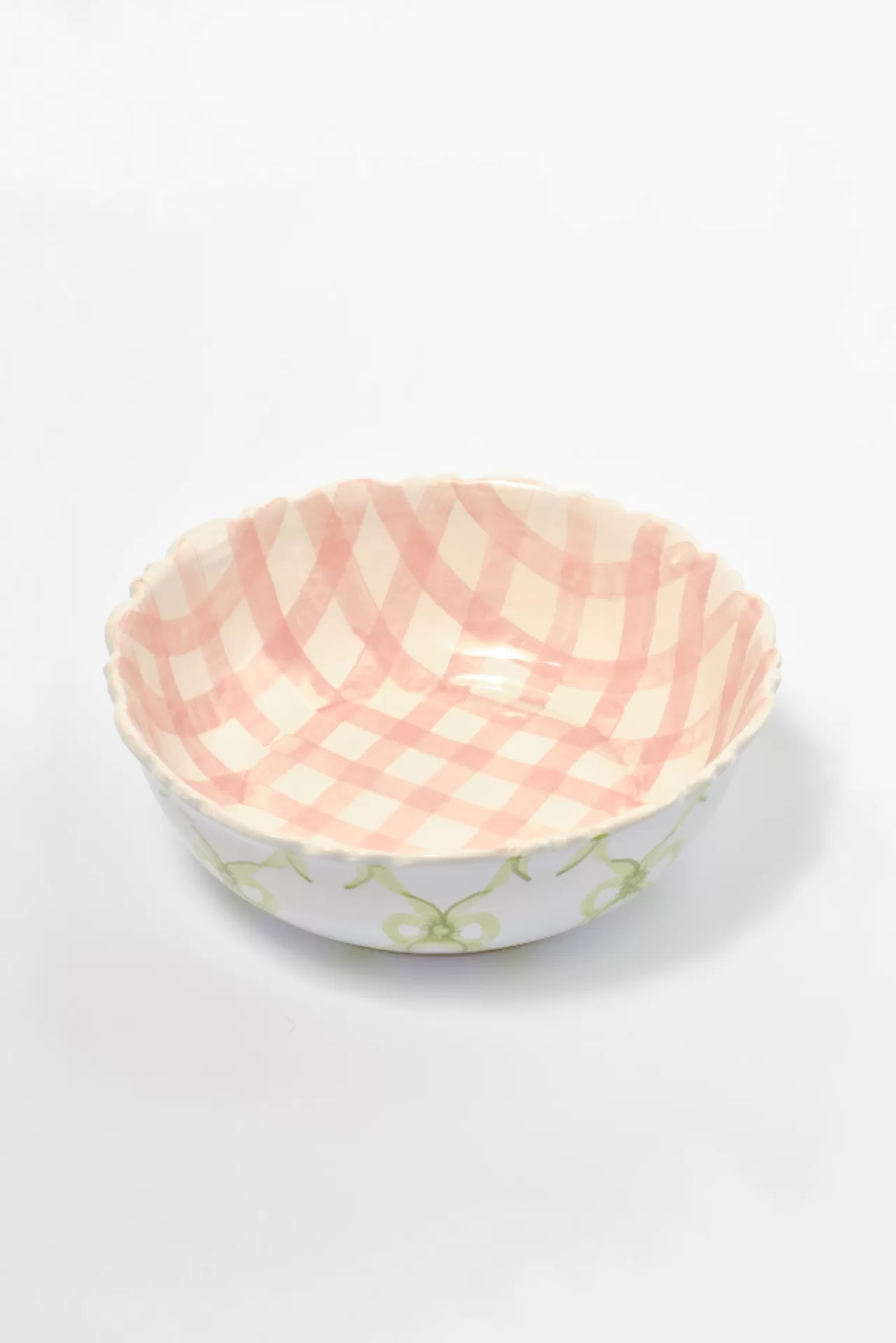 Best Damson Madder hand painted bow frill edge large serving bowl - gingham pink