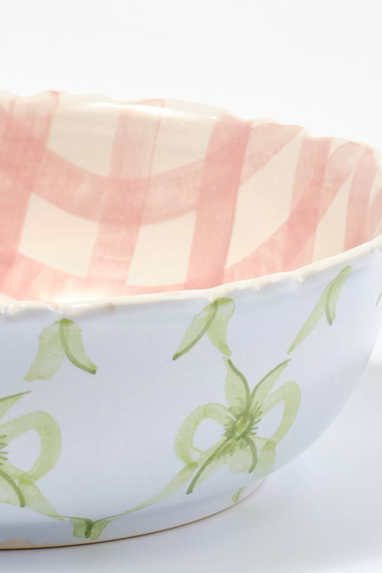 Best Damson Madder hand painted bow frill edge large serving bowl - gingham pink