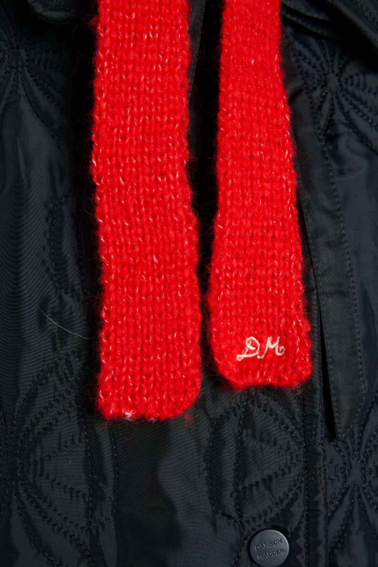 Shop Damson Madder hood in marl with red tie in premium yarn grey