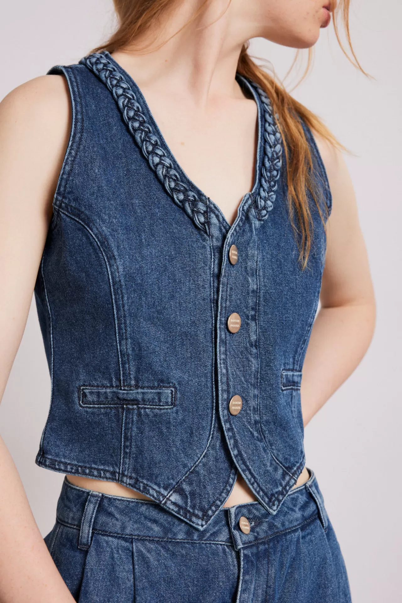 New Damson Madder isla denim waistcoat - vintage wash blue