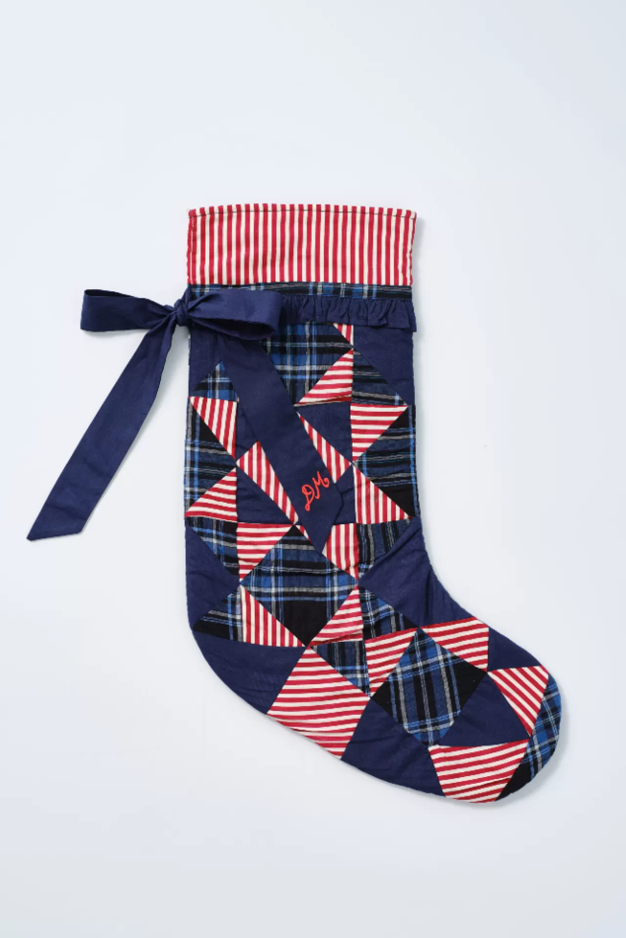 Sale Damson Madder patchwork bow christmas stocking - navy, check u0026 red stripe multi