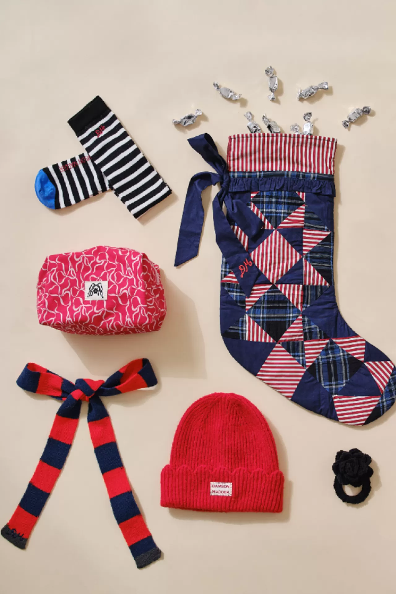 Sale Damson Madder patchwork bow christmas stocking - navy, check u0026 red stripe multi