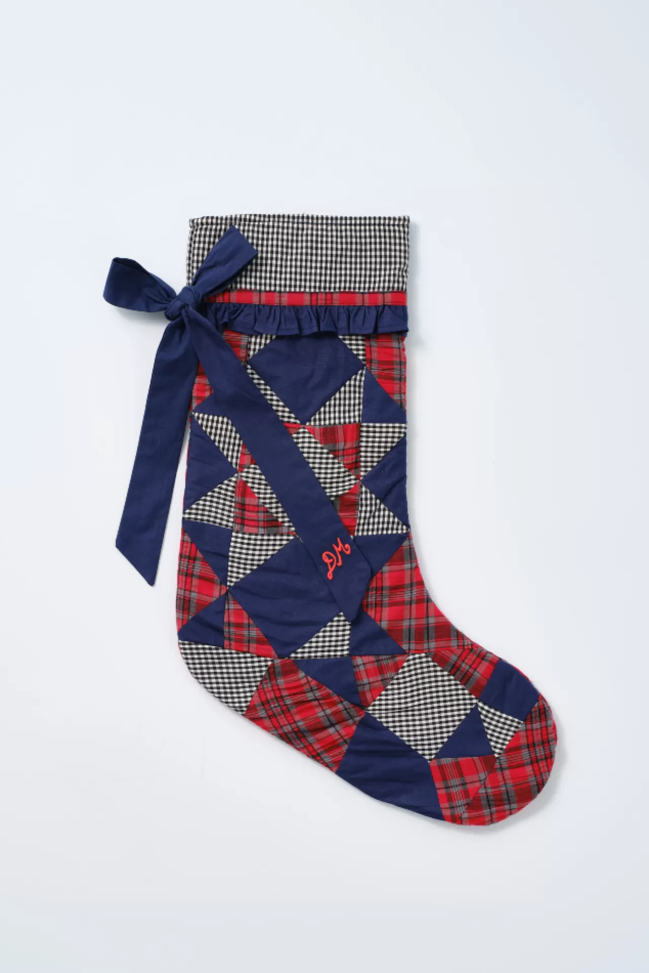 Flash Sale Damson Madder patchwork bow christmas stocking - navy, gingham u0026 red check multi