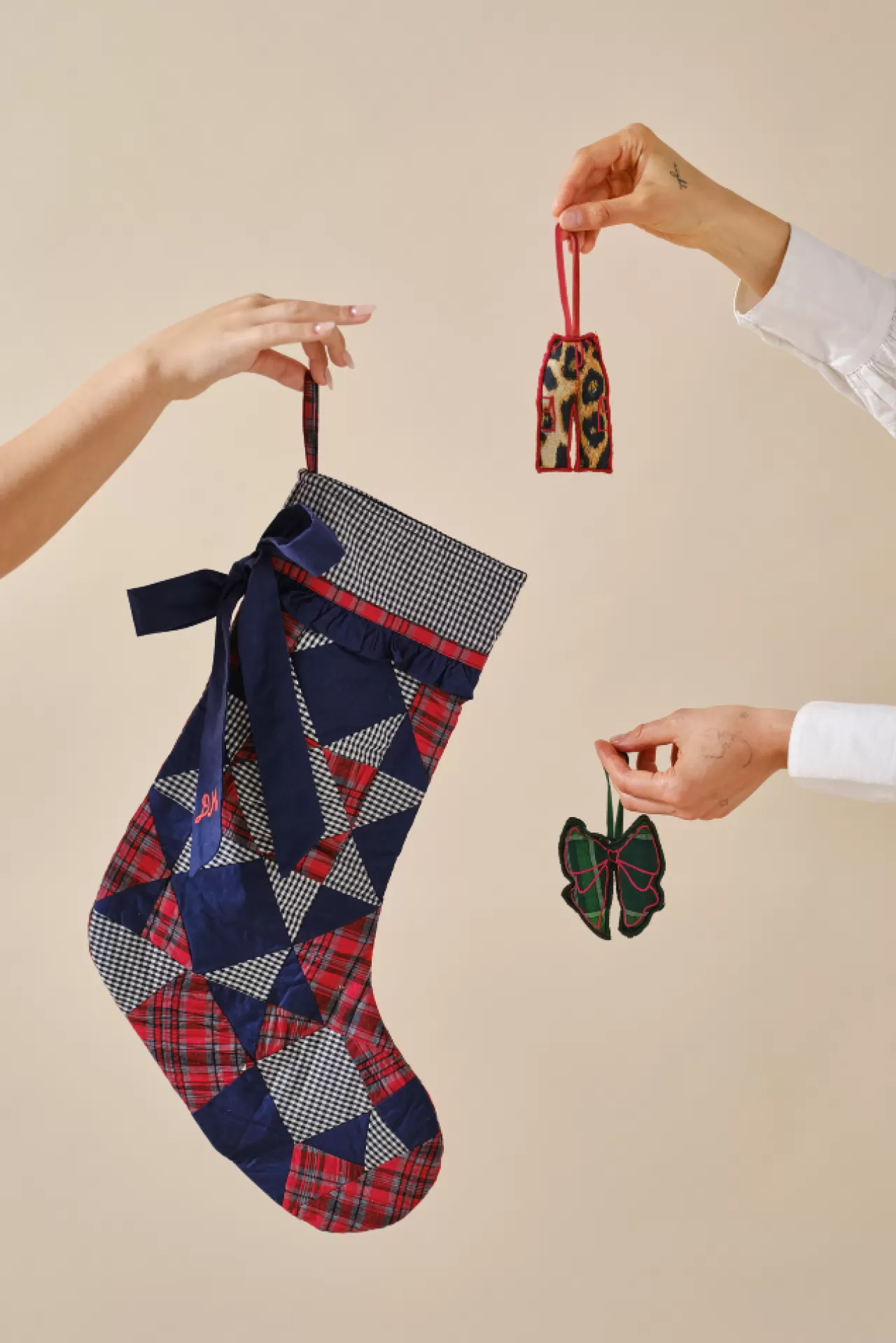 Flash Sale Damson Madder patchwork bow christmas stocking - navy, gingham u0026 red check multi